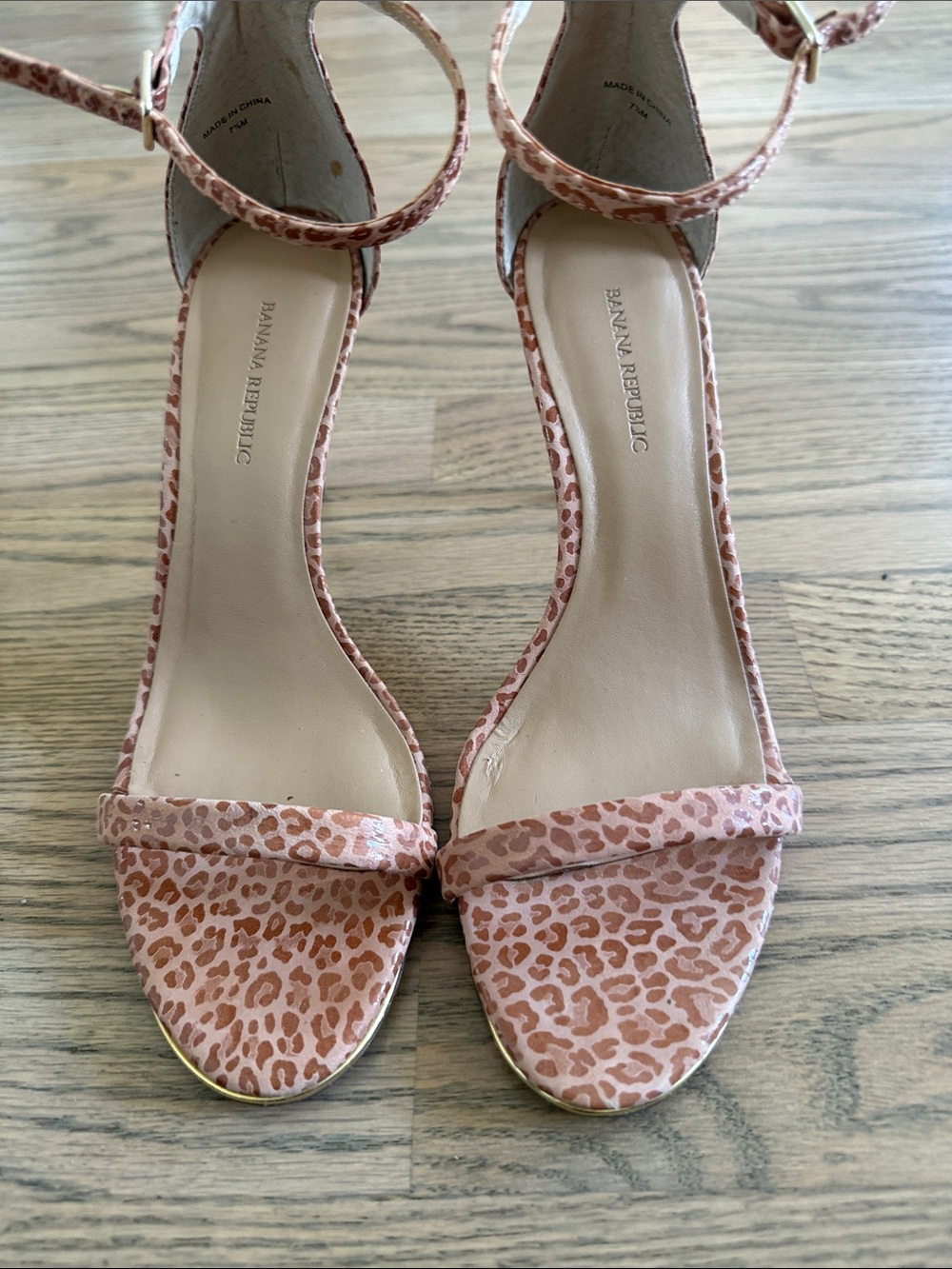 Banana Republic tan/pink Leopard Print Ankle-Strap Heels